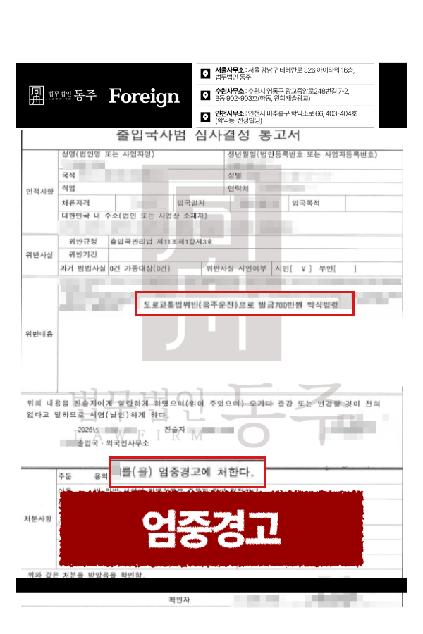 외국인음주운전 벌금 700만 원 선고 후 강제퇴거 위기를 극복하고 비자를 방어한 성공사례를 설명하기 위해 삽입된 이미지